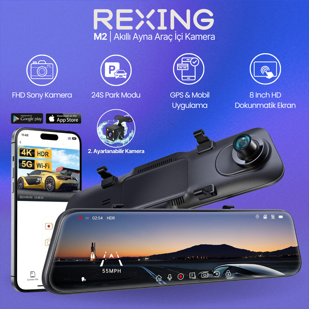 Rexing M2 | Dikiz Ayna Telefon Kontrol Park Modu Araç İçi Kamera