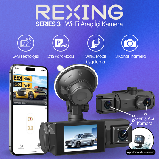 Rexing S3 | 3 Kameralı WiFi Araç İçi Kamera