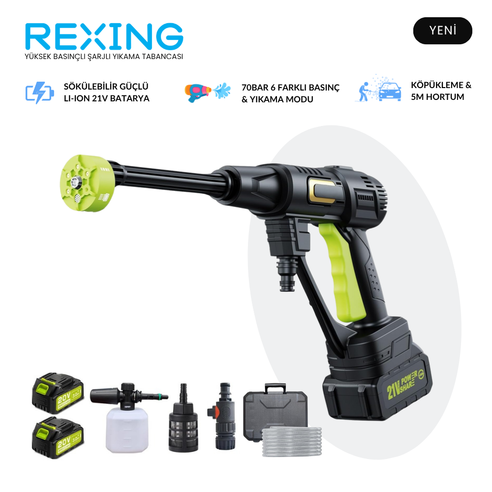 Rexing T1 | Yüksek Basınçlı Şarjlı Yıkama Tabancası