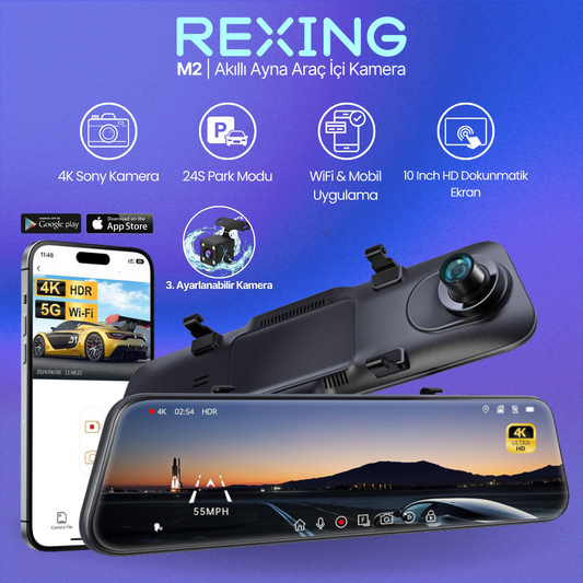 Rexing M2 | Dikiz Ayna 4K Telefon Kontrol Park Modu Araç İçi Kamera