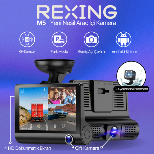 Rexing M5 | Dokunmatik Ekranlı Üç Kameralı Araç İçi Kamera