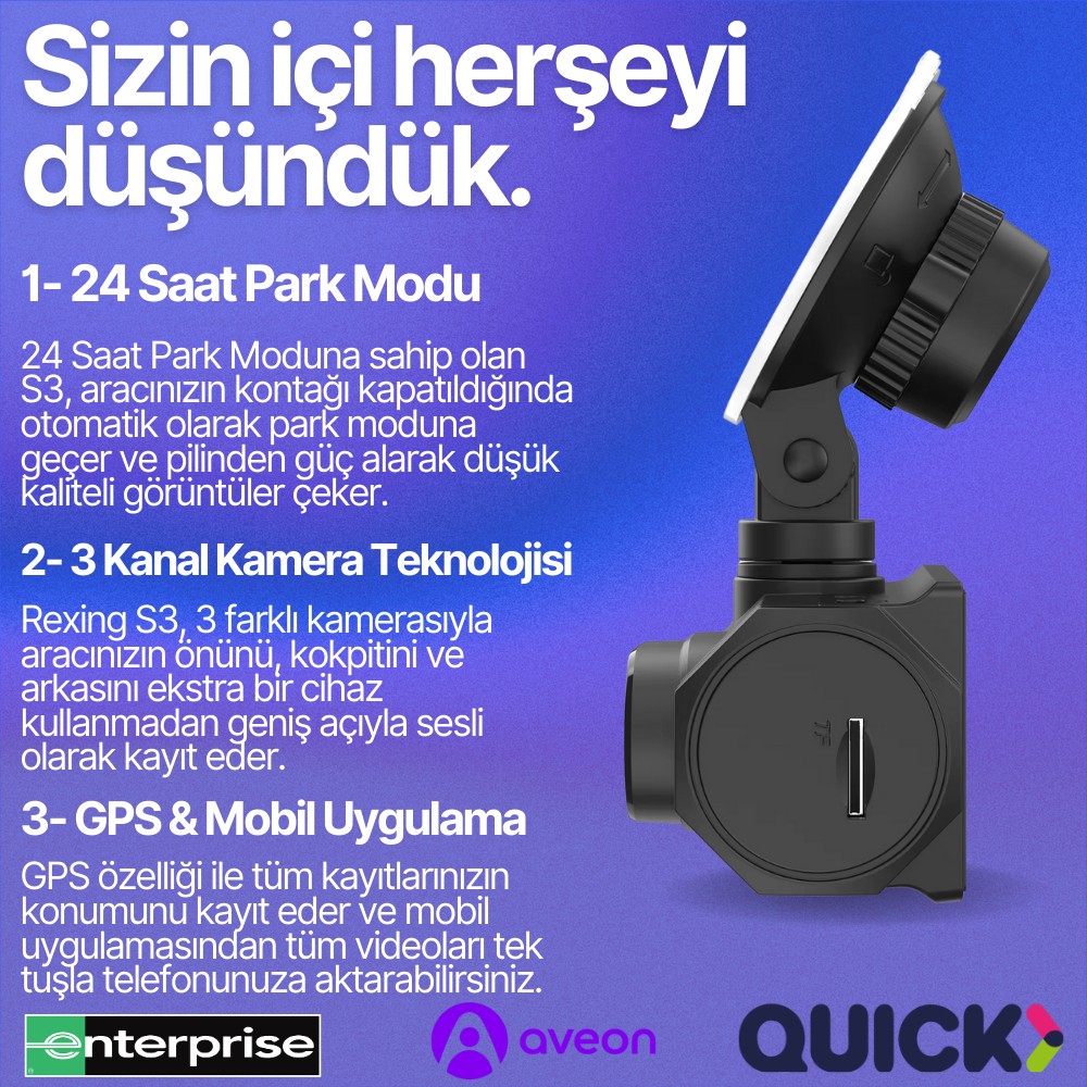 Rexing S3 | 3 Kameralı WiFi Araç İçi Kamera