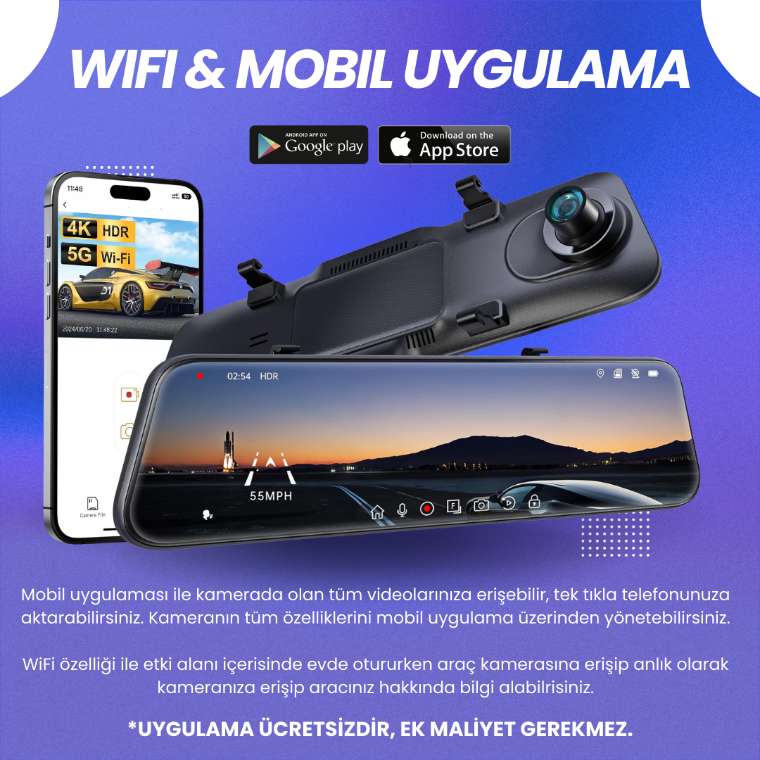 Rexing M2 | Dikiz Ayna Telefon Kontrol Park Modu Araç İçi Kamera