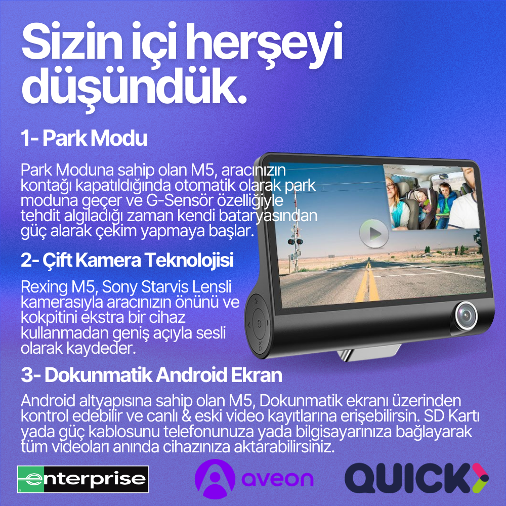 Rexing M5 | Dokunmatik Ekranlı Üç Kameralı Araç İçi Kamera