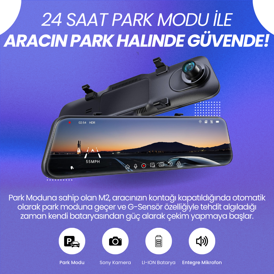 Rexing M2 | Dikiz Ayna Telefon Kontrol Park Modu Araç İçi Kamera