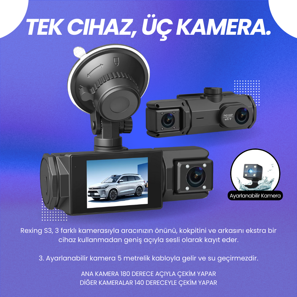 Rexing S3 | 3 Kameralı WiFi Araç İçi Kamera