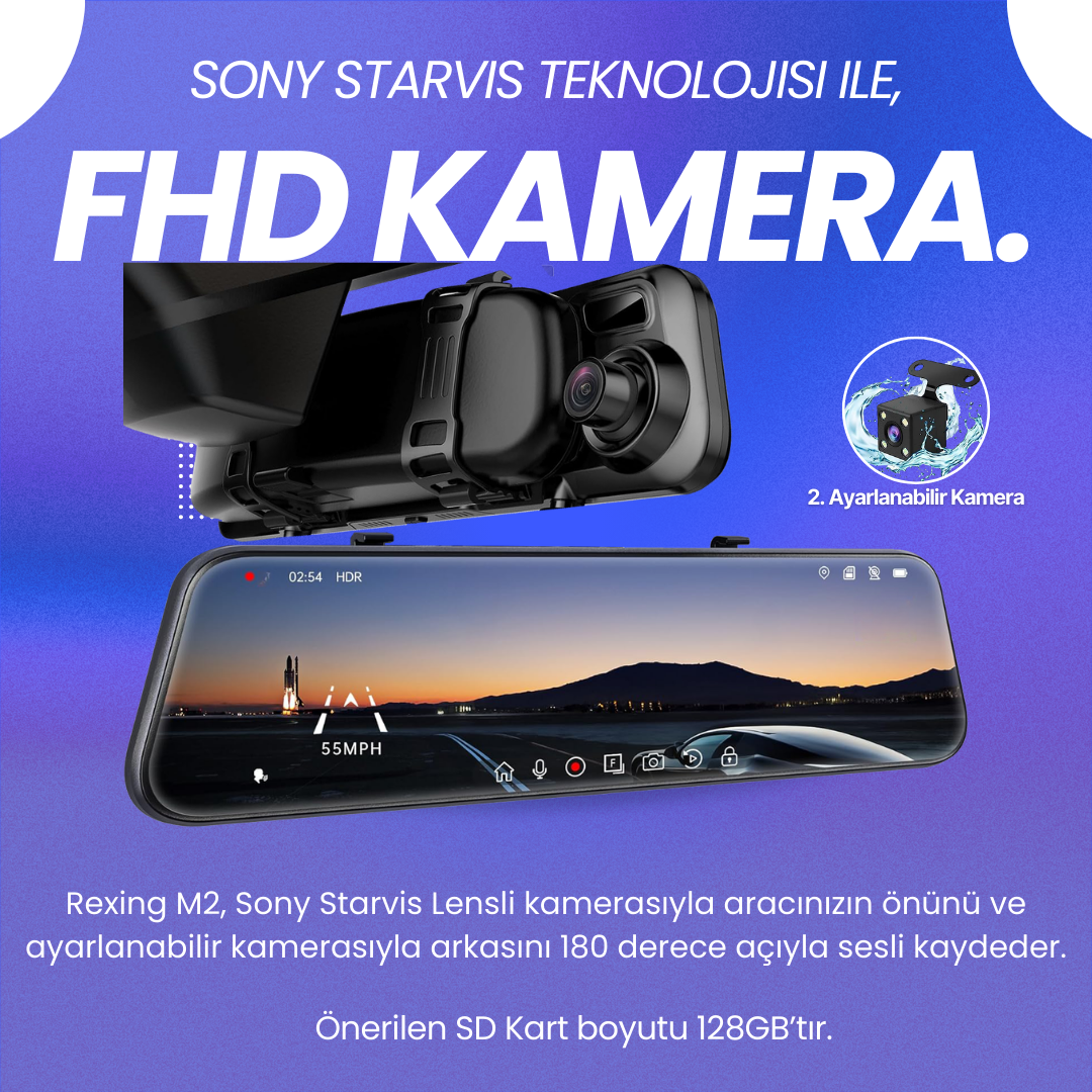 Rexing M2 | Dikiz Ayna Telefon Kontrol Park Modu Araç İçi Kamera