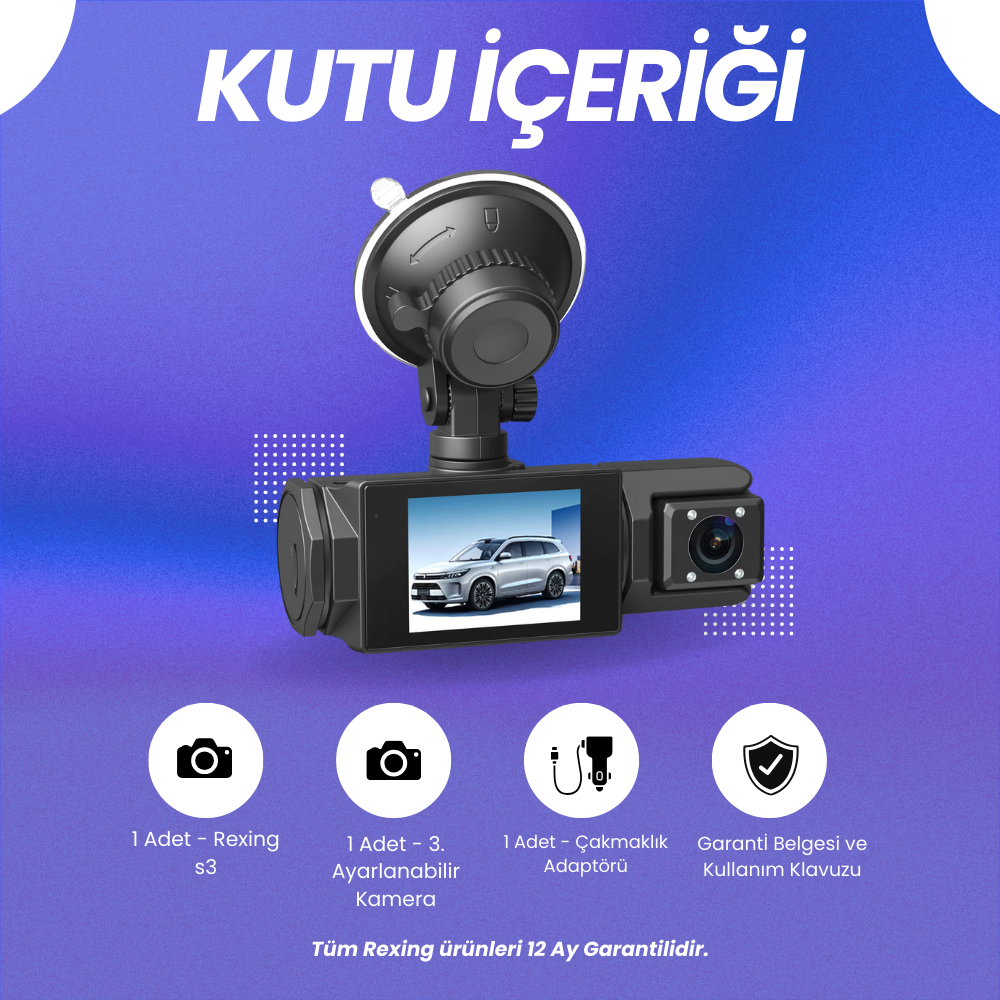 Rexing S3 | 3 Kameralı WiFi Araç İçi Kamera