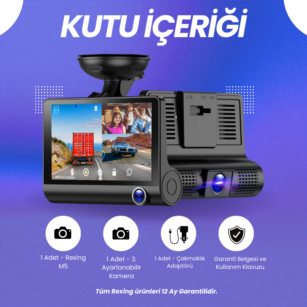 Rexing M5 | Dokunmatik Ekranlı Üç Kameralı Araç İçi Kamera